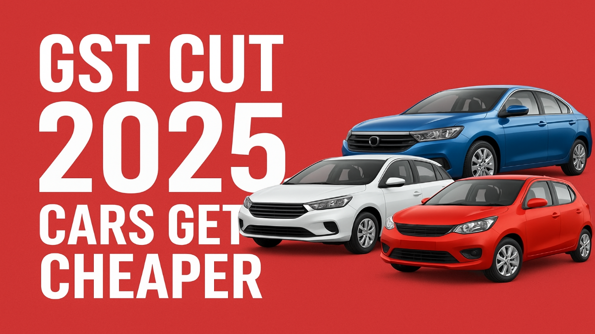 GST Cut 2025 graphic with cars showcasing reduced prices, highlighting cheaper car buying options in India.