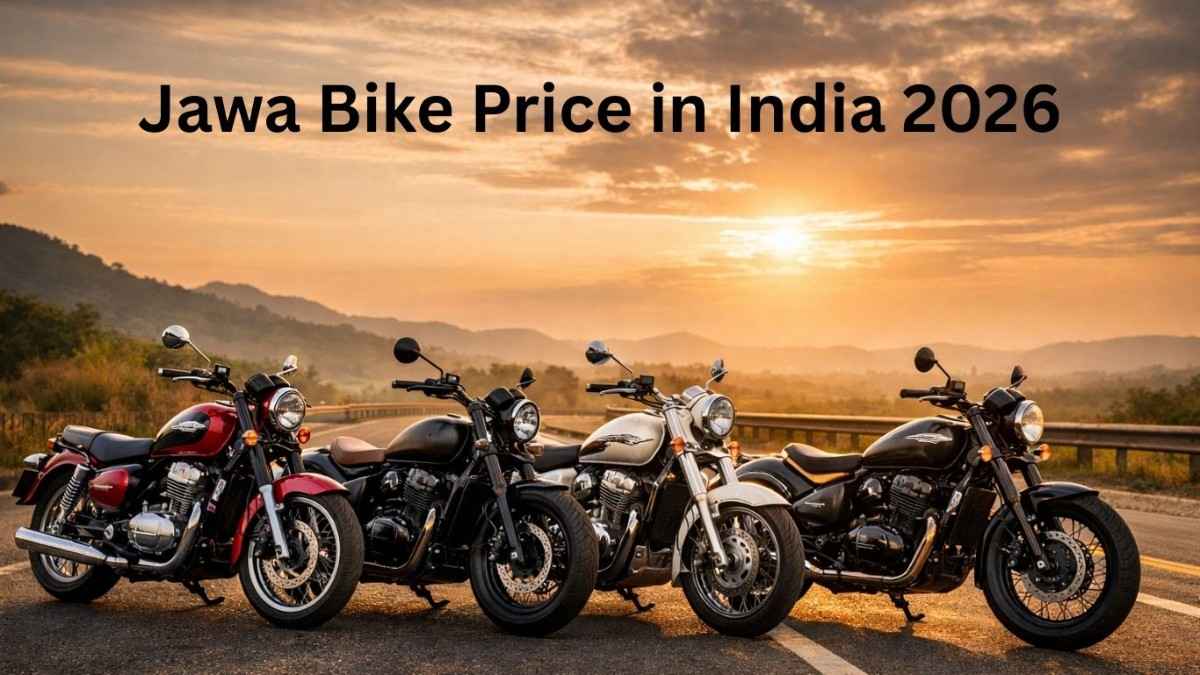 Jawa bike price in India showing Jawa 42, Jawa 42 Bobber, Jawa 350 and Jawa Perak parked on Indian road